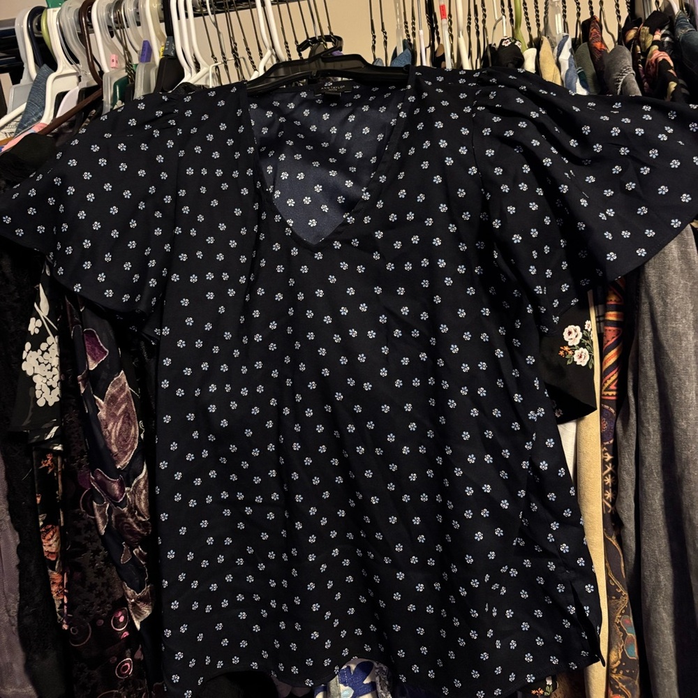 Ann Taylor Navy Blouse with White Floral Design